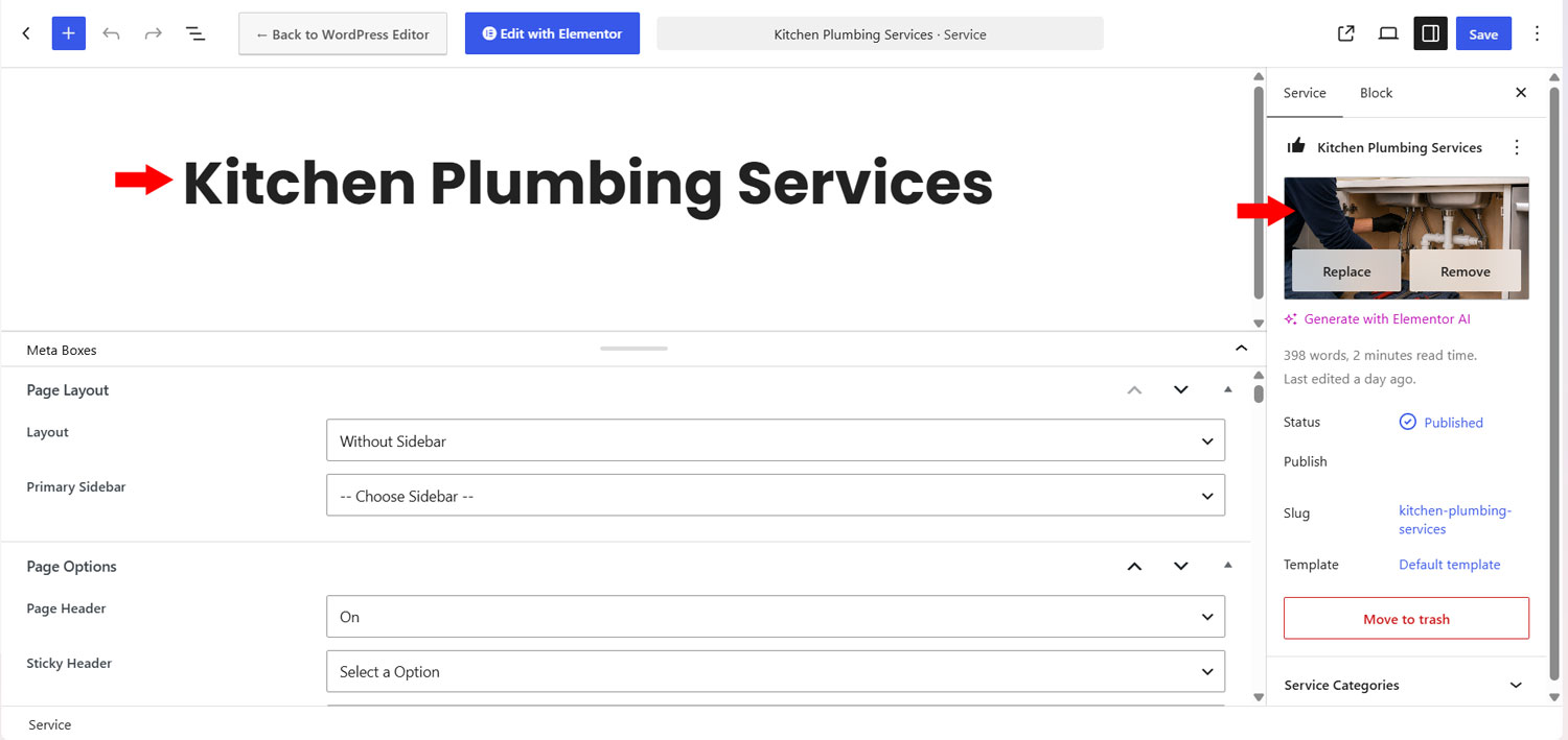 Plumbit Service editor showing Kitchen Plumbing Services, its featured image, and service settings.