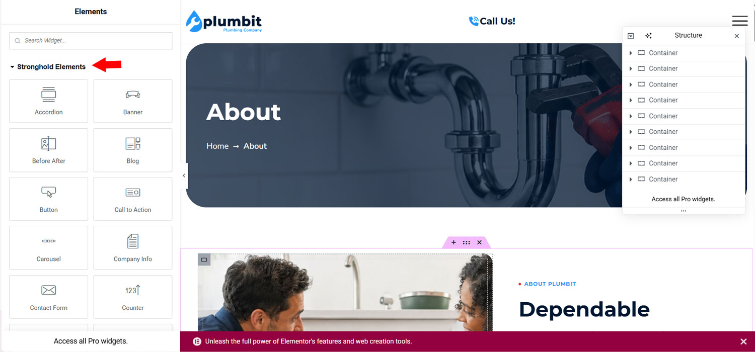 Elementor editor with the Stronghold Elements category expanded, displaying Plumbit widget options.