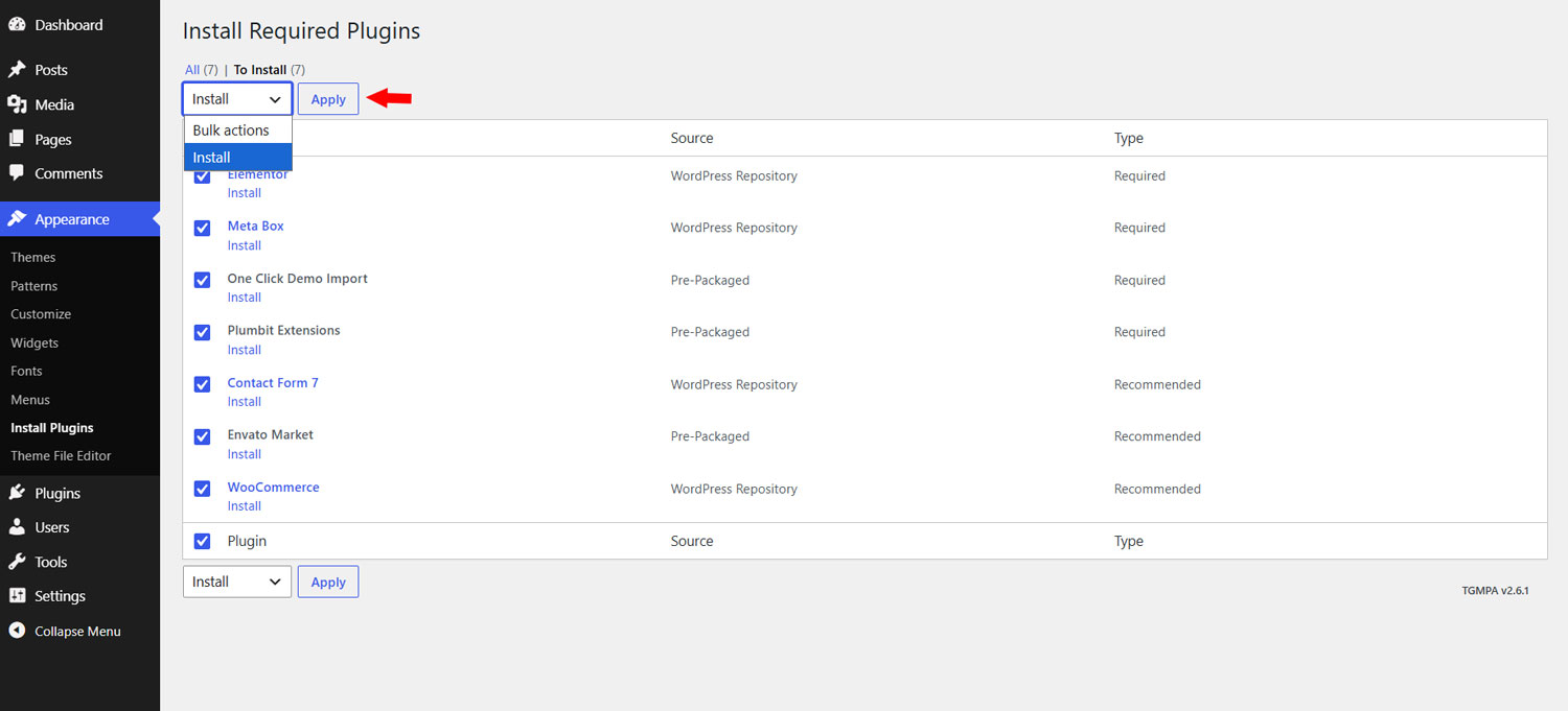 WordPress Install Required Plugins screen showing plugin classifications, sources, and the Install bulk action.