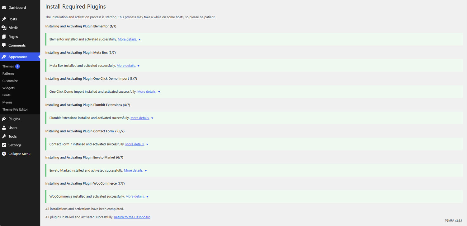 TGMPA completion screen showing plugin installation and activation success messages and Return to the Dashboard.