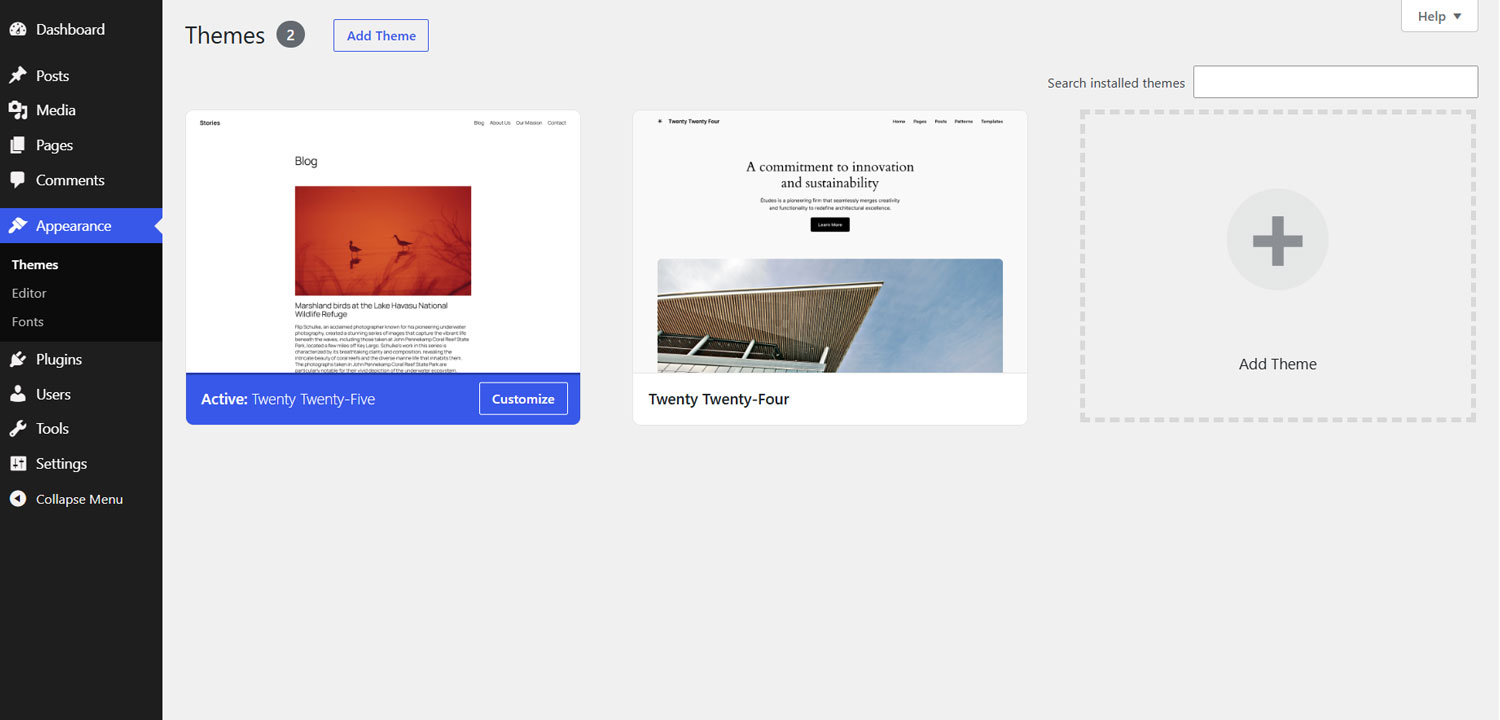 WordPress Appearance Themes screen showing the Add Theme control.