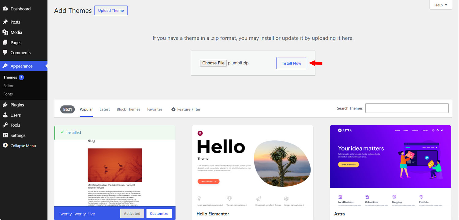 WordPress Add Themes upload screen showing plumbit.zip, Choose File, and Install Now.