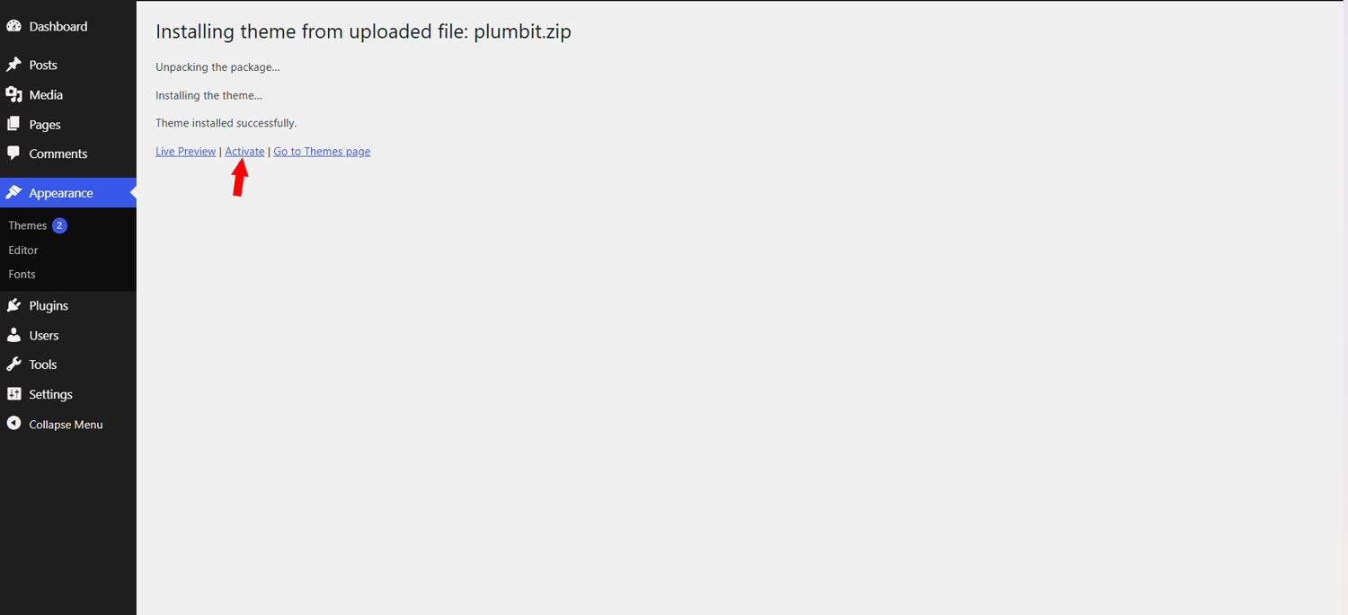 WordPress theme installation result showing Theme installed successfully and Activate.
