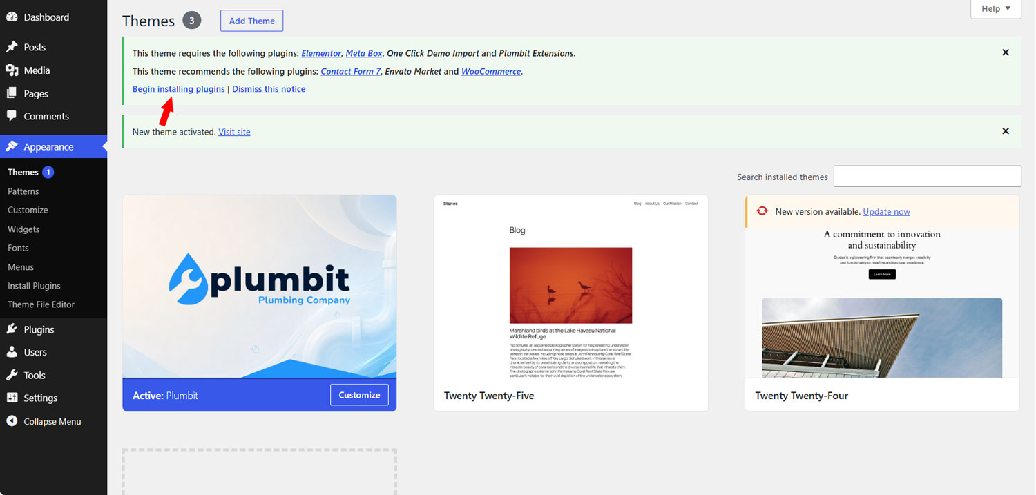 Activated Plumbit theme screen showing required and recommended plugins and Begin installing plugins.