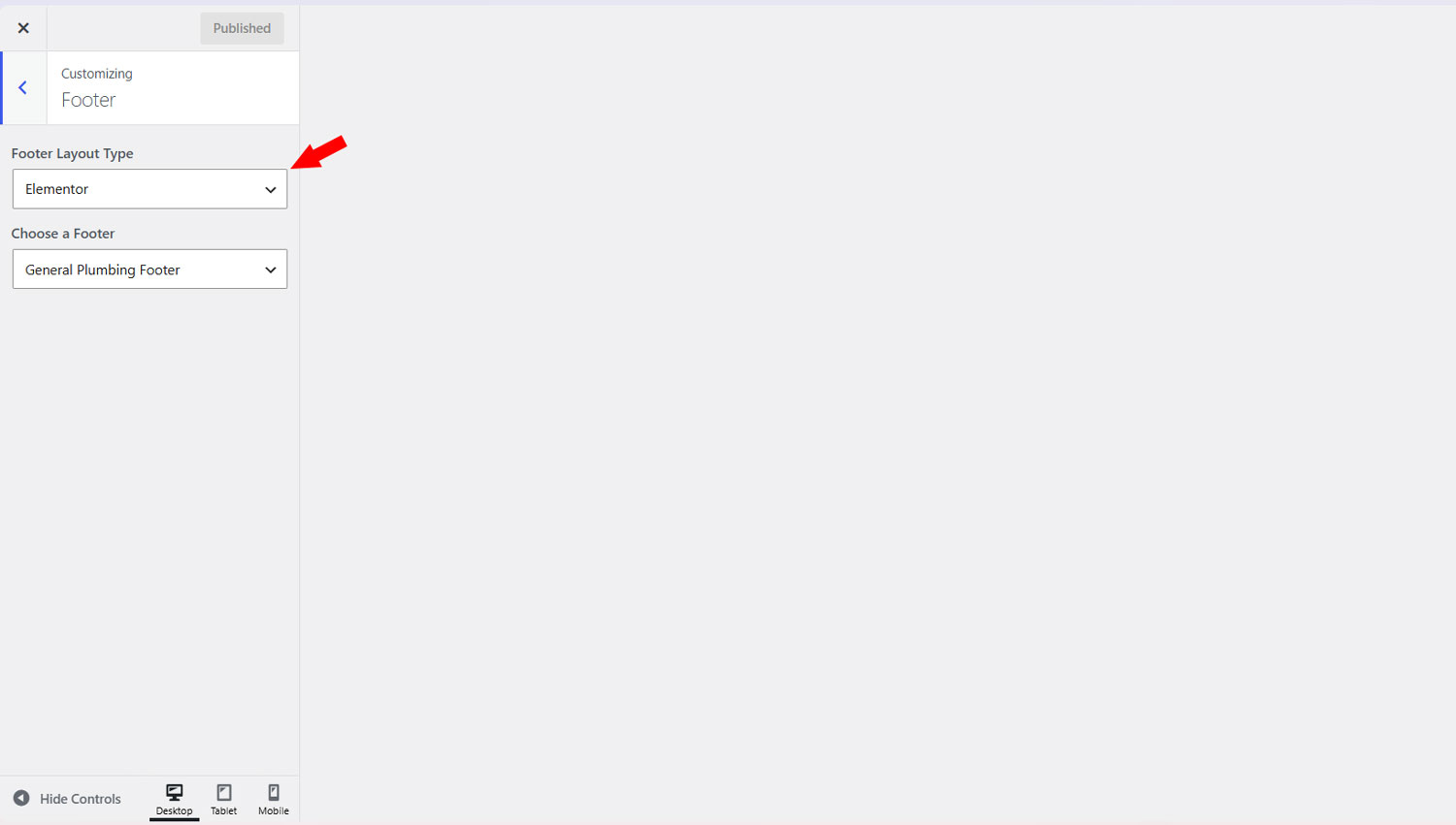 Plumbit Footer Customizer showing Elementor selected for Footer Layout Type and General Plumbing Footer selected.