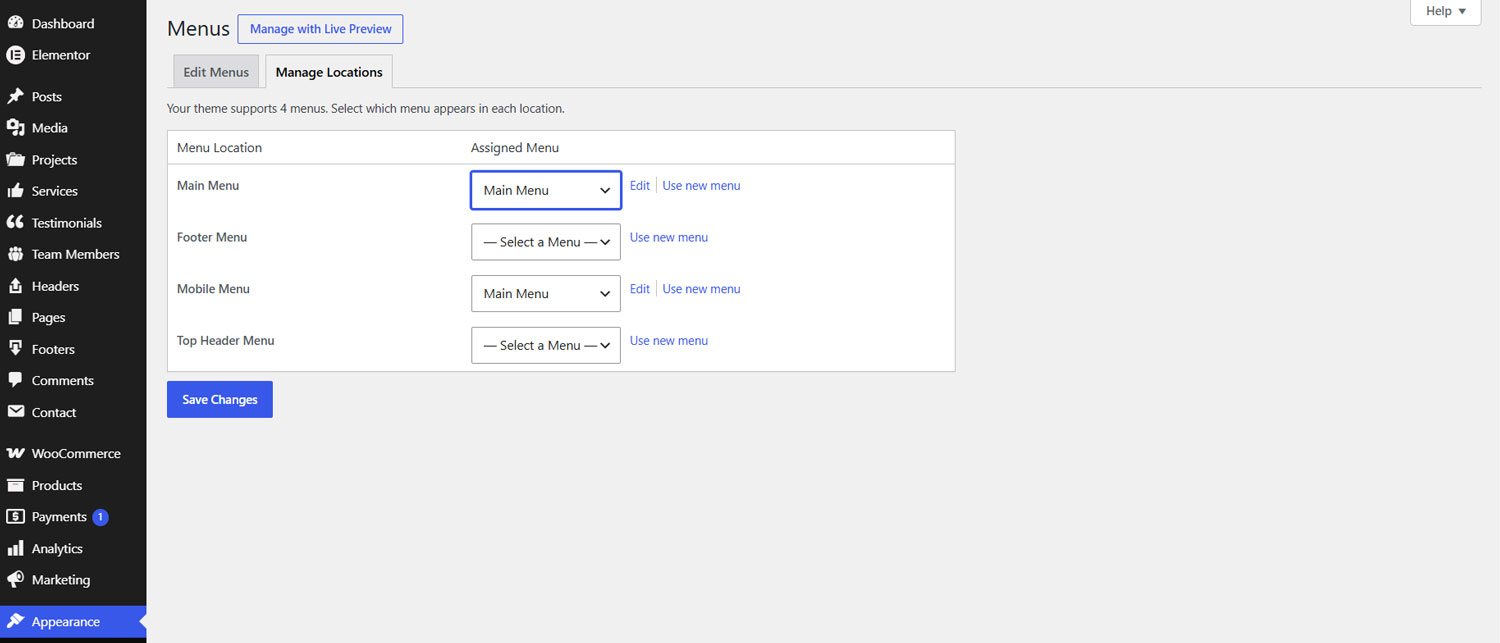 WordPress Manage Locations screen showing Main Menu, Footer Menu, Mobile Menu, and Top Header Menu assignments.