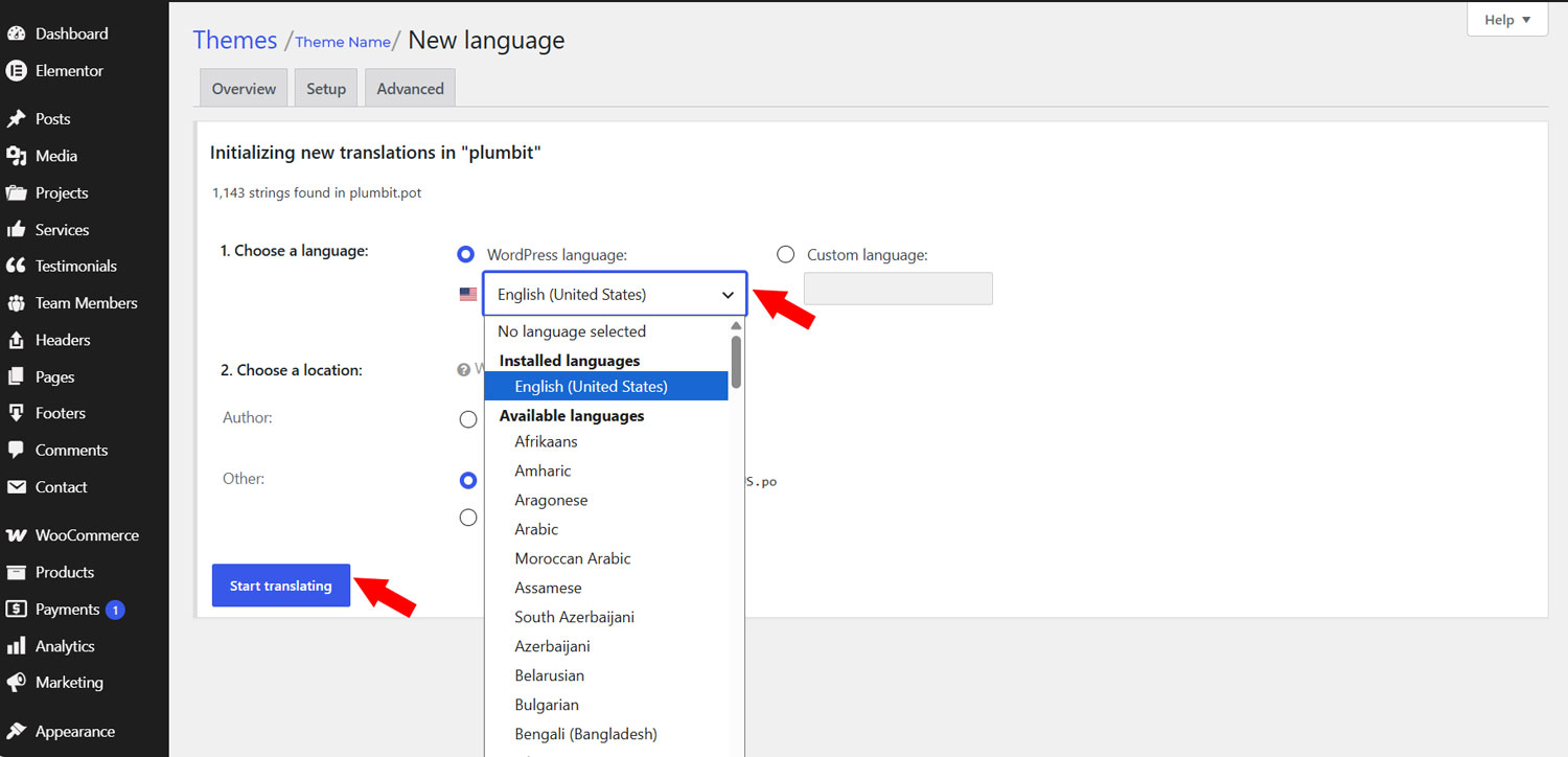 Loco Translate new-language screen with the language dropdown and Start translating button highlighted.