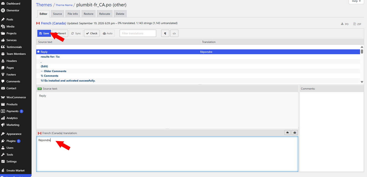 Loco Translate editor with a source string selected, its translation in the lower pane, and the Save button highlighted.