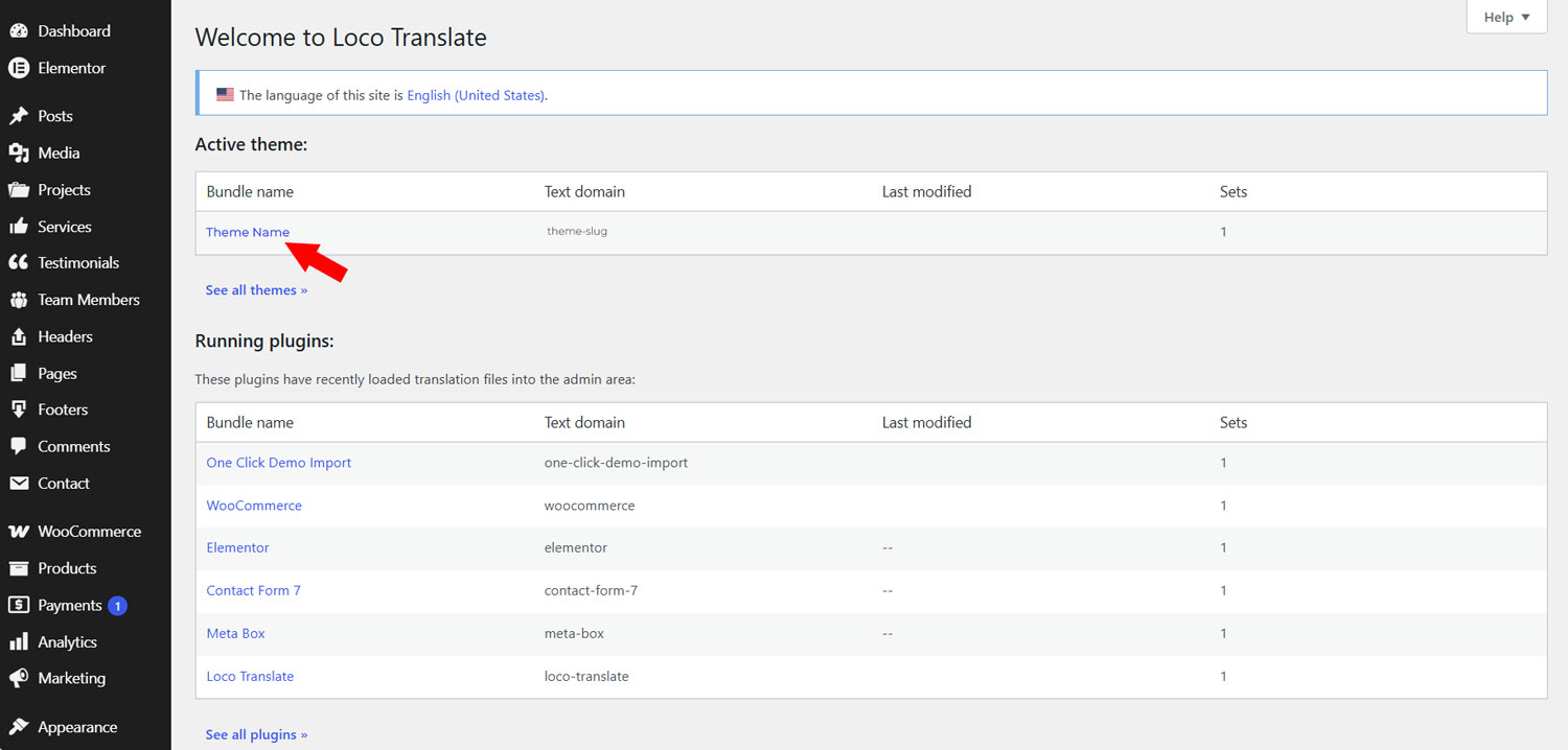 Loco Translate page showing the Active theme list with a theme entry ready to select.