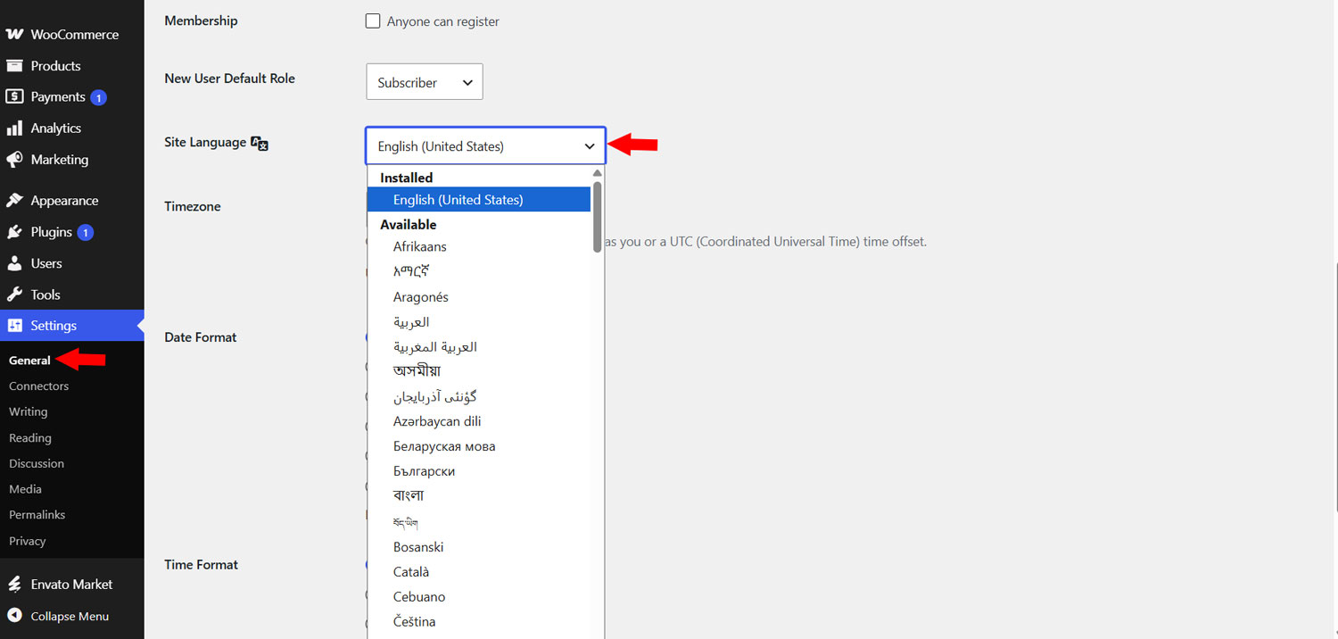 WordPress General Settings screen with the Site Language menu open and locale options visible.