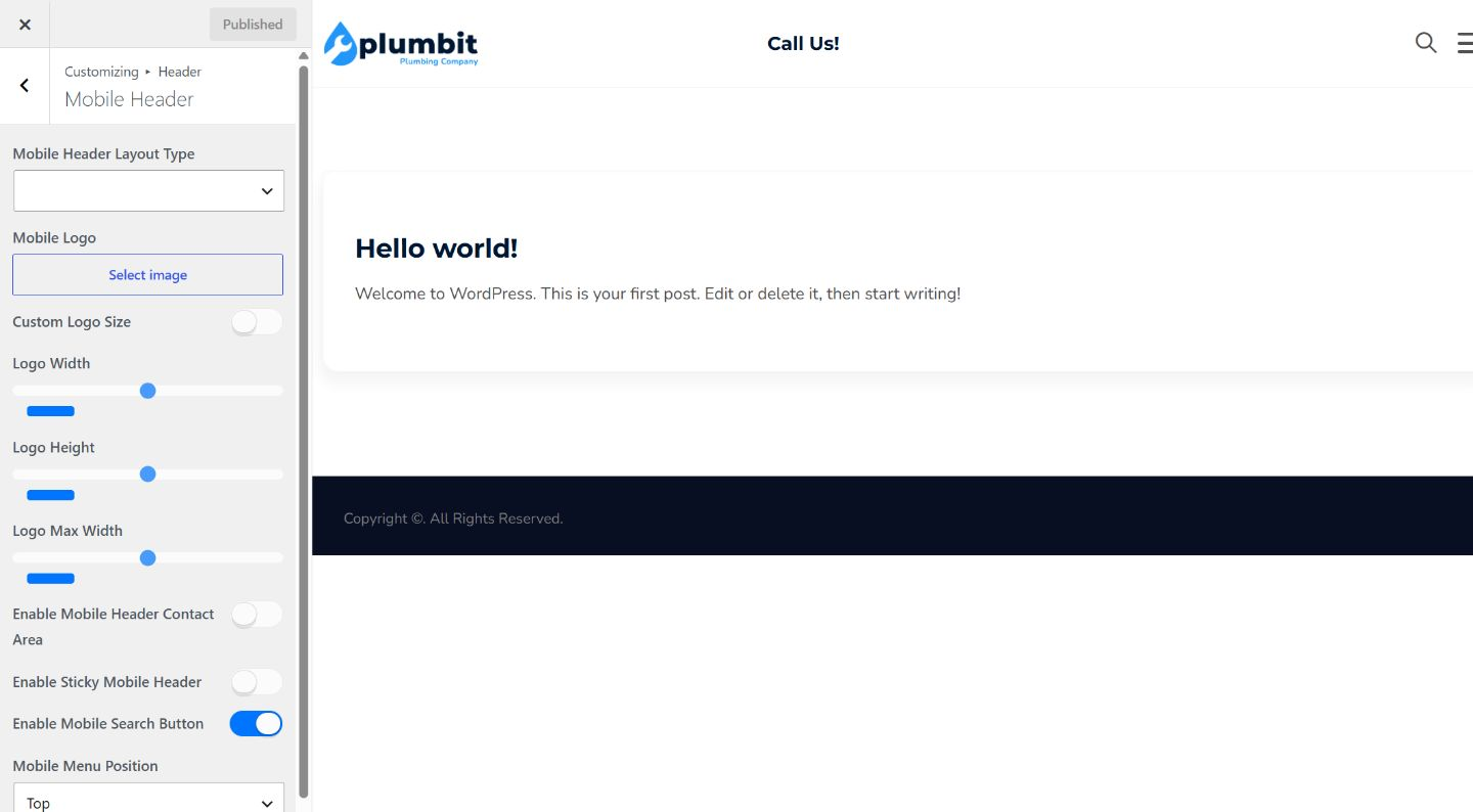 Plumbit Mobile Header Customizer showing mobile logo, contact-area, sticky-header, search, menu-position, and top-header controls.