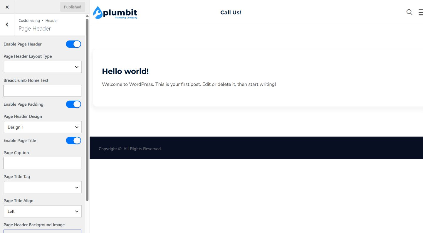 Plumbit Page Header Customizer showing the page-header provider, Design 1, title, caption, alignment, and background controls.