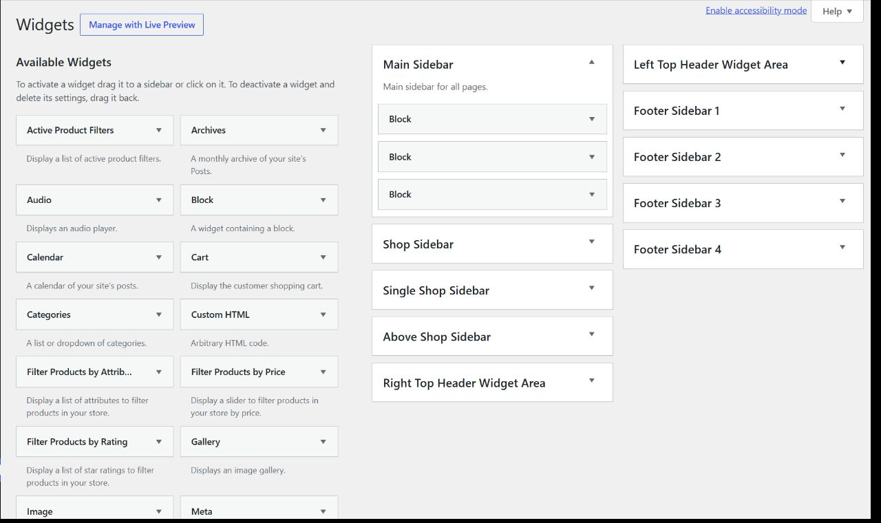 Plumbit Widgets screen showing Main Sidebar, Shop Sidebar, Single Shop Sidebar, Above Shop Sidebar, header widget areas, and Footer Sidebar 1 through 4.