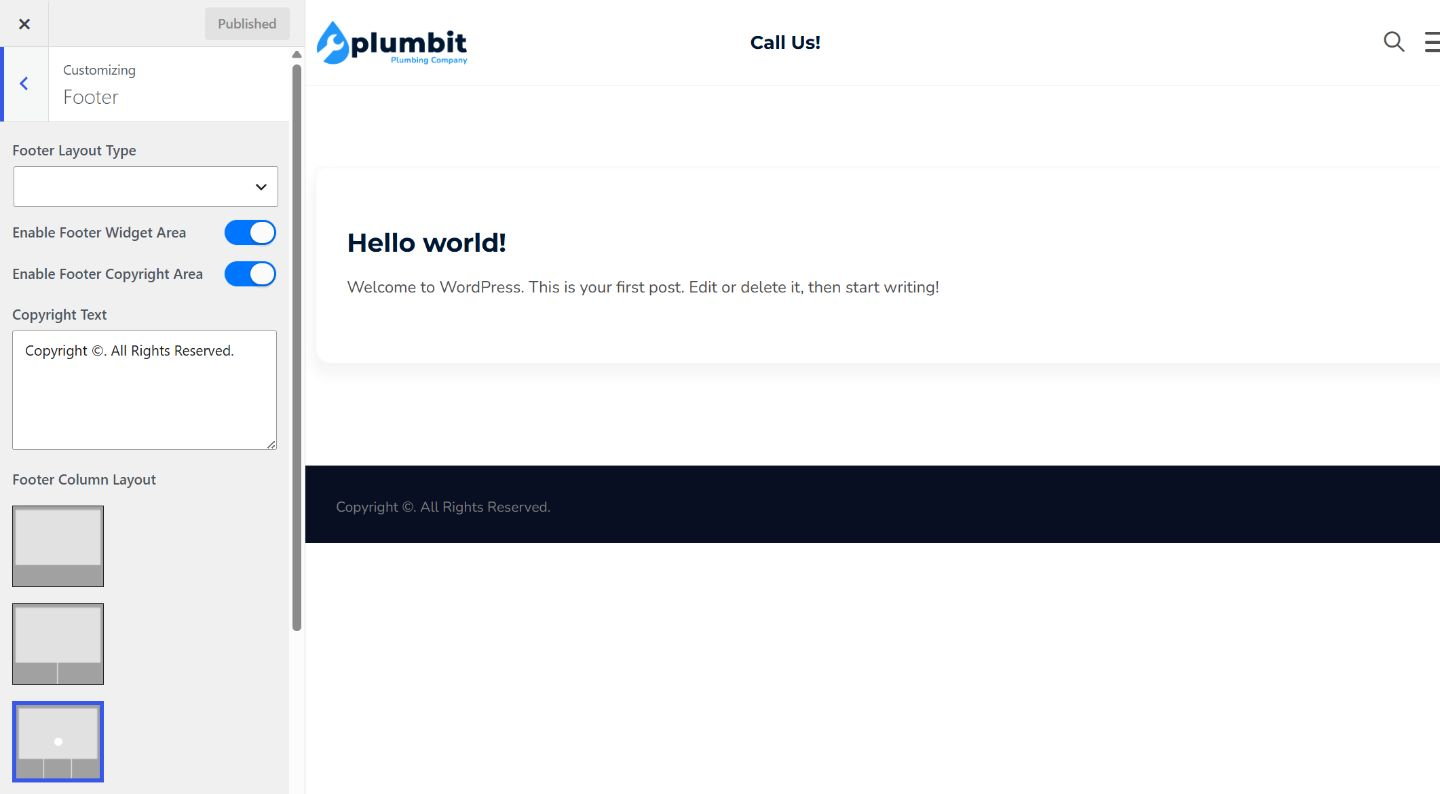 Plumbit Footer Customizer showing Footer Layout Type, footer widget and copyright switches, copyright text, and Footer Column Layout.