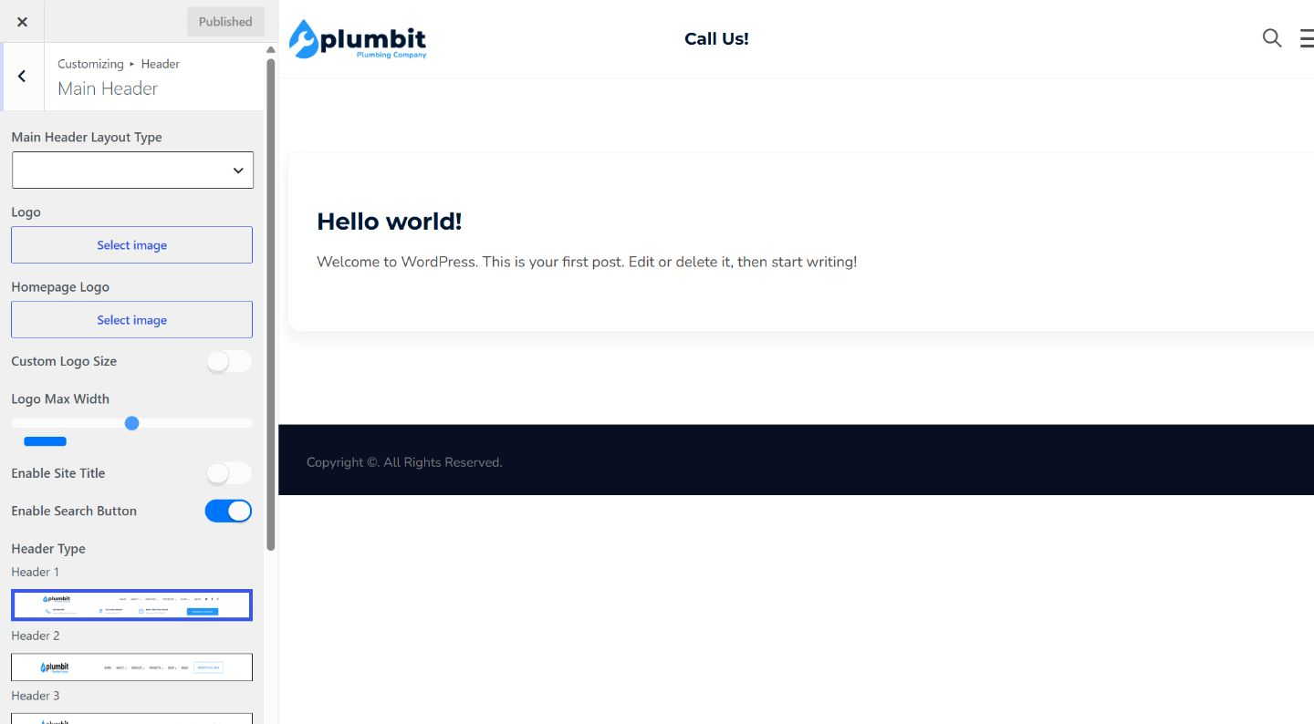 Plumbit Header Customizer showing Main Header layout type, logo controls, search setting, and Header Type with Header 1 selected.