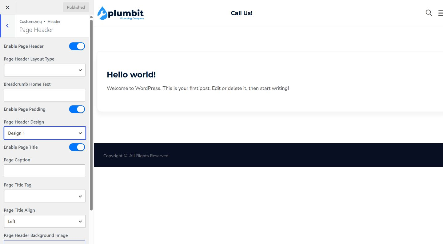 Plumbit Page Header Customizer showing the Page Header Design control with Design 1 selected.