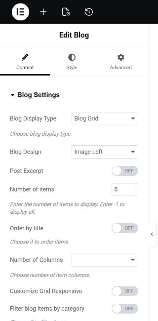 Plumbit Blog widget showing Blog Grid, Image Left, six items, and customer-facing post display controls.