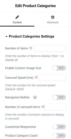 Plumbit Elementor Product Categories widget showing Number of items, Custom Image Size, Carousel Speed, Navigation Bullets, carousel items, responsive settings, and Product Category Count controls.