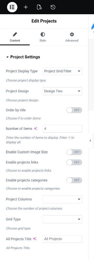 Plumbit Projects widget showing Project Grid Filter, Design Two, category controls, and Number of items set to 4.