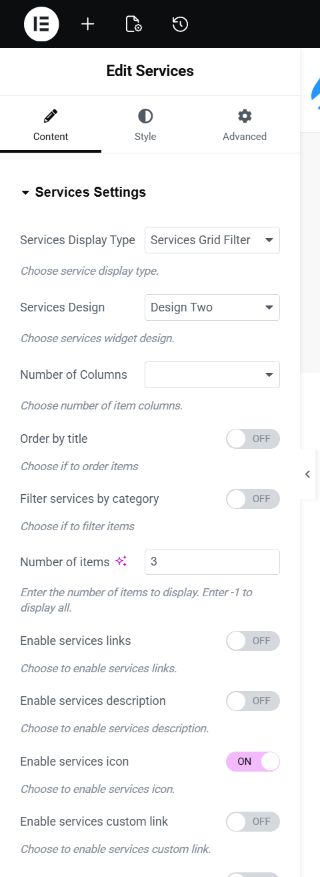 Plumbit Services widget showing Services Grid Filter, Design Two, category filtering, and Number of items set to 3.