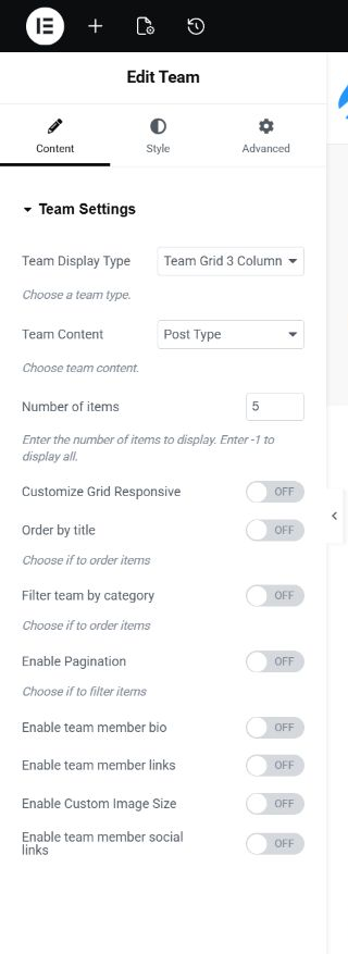 Plumbit Team widget showing Team Grid 3 Column, Post Type content, and Number of items set to 5.